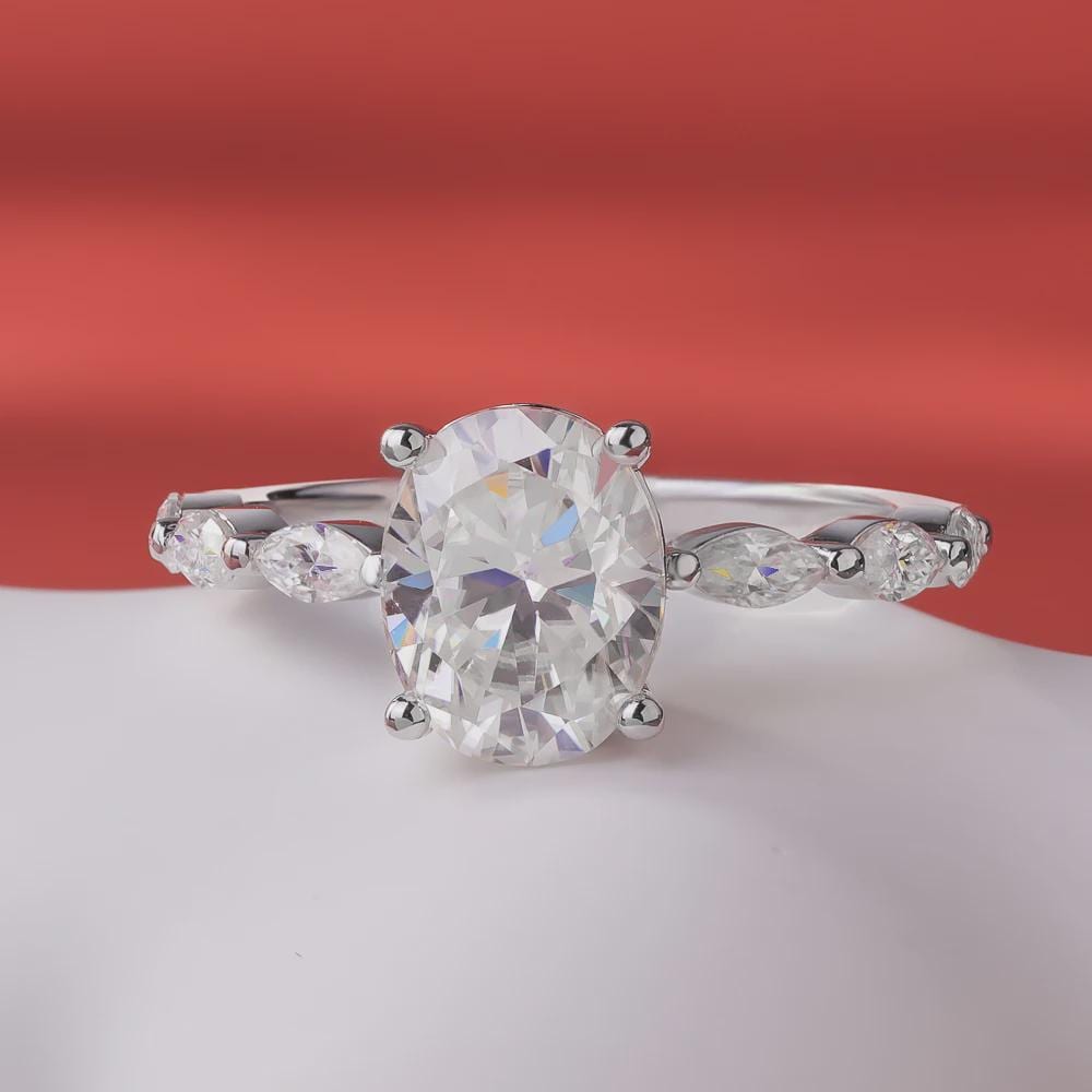 Oval Cut Moissanite Ring, Side Stone Accents Pave Engagement Ring, Sterling Silver Wedding Ring, Anniversary Gift, Promise Ring Gift for Her