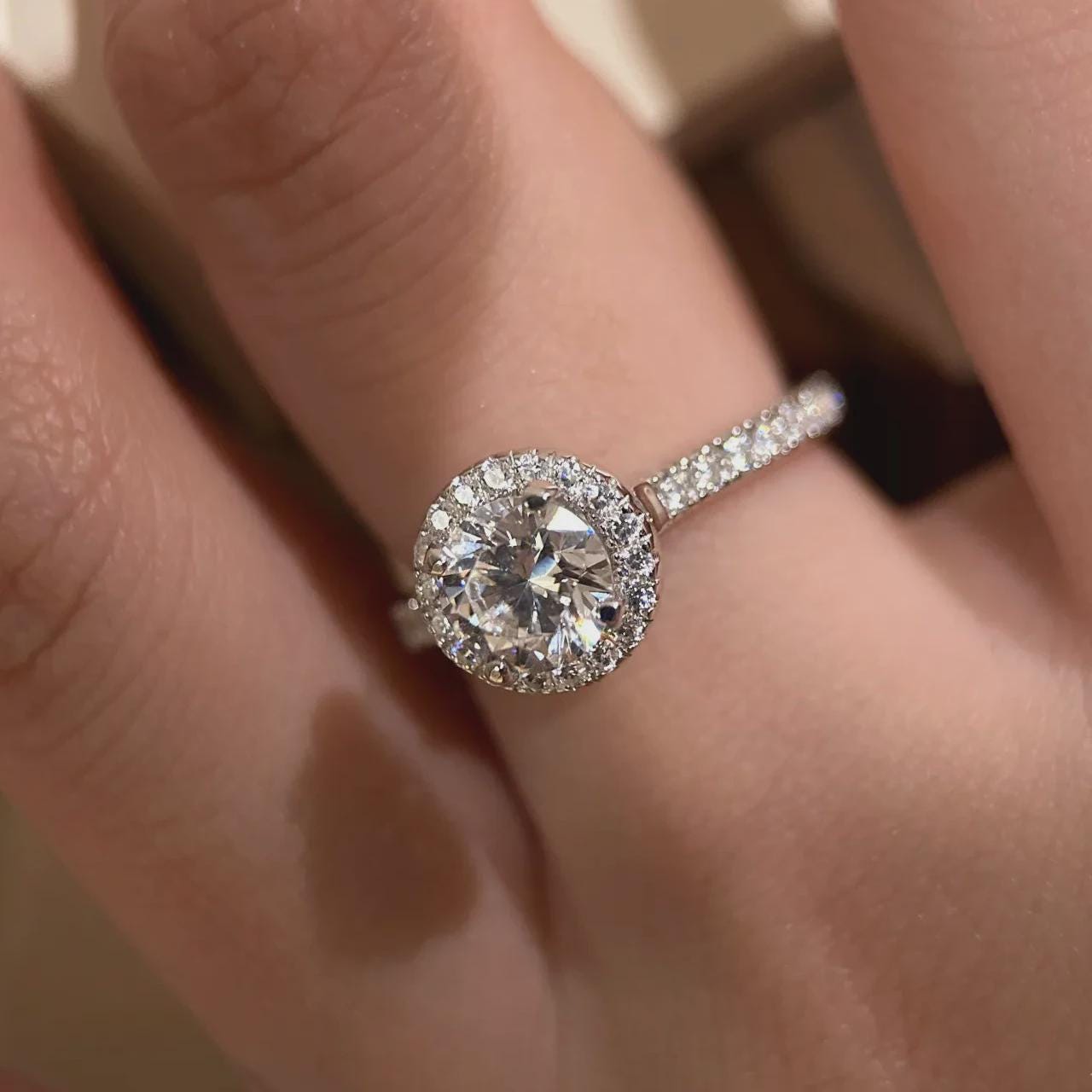 Round Cut Moissanite Halo Ring, Pave Engagement Ring, Sterling Silver Wedding Ring, Anniversary Gift, Unique Promise Ring, Gift for Her