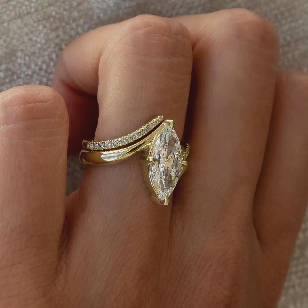 Marquise Cut Moissanite Ring Set, Marquise Wedding Ring, Gold Twisted Pave Bridal Set, Unique Engagement Ring, Anniversary Gift for Her