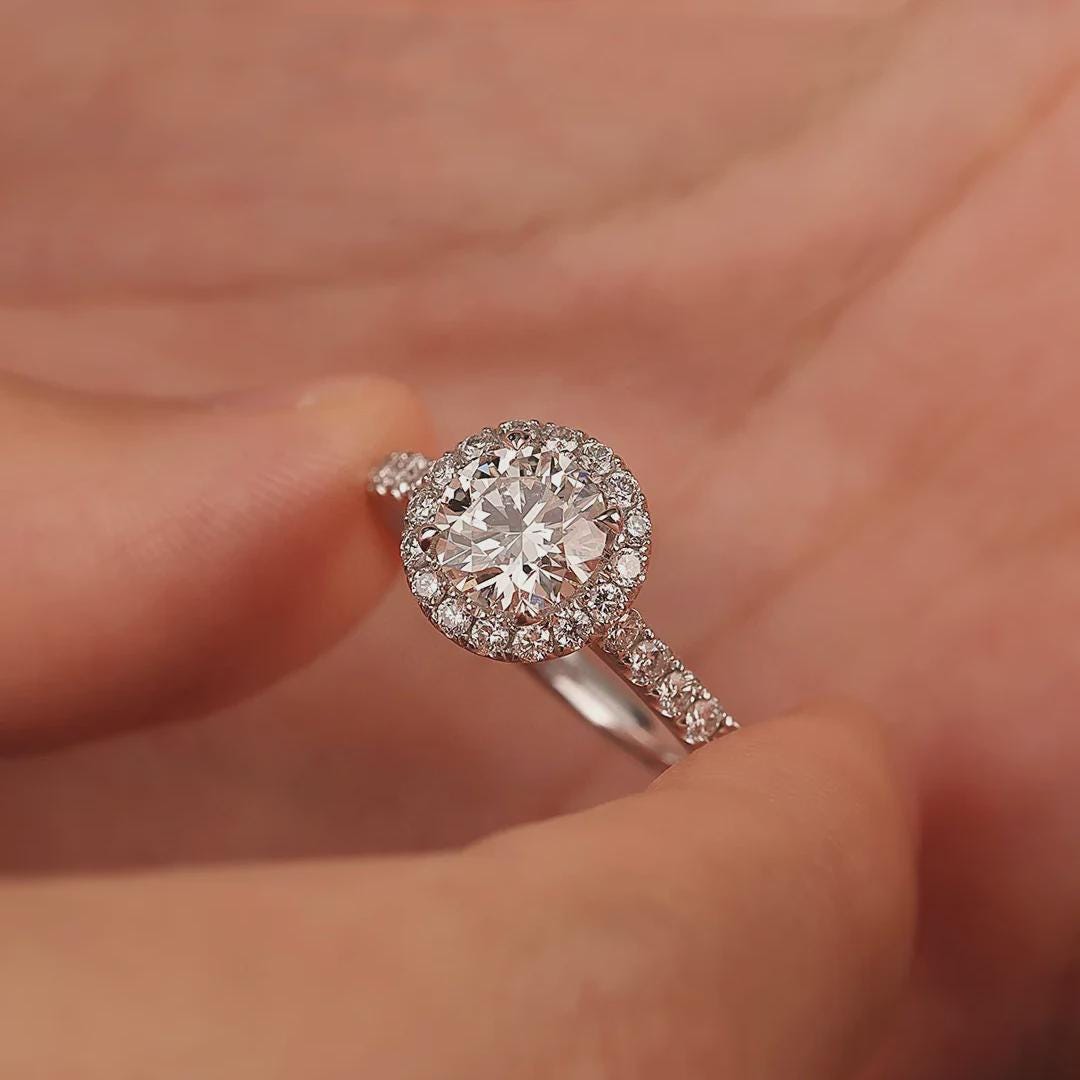 Round Cut Moissanite Halo Ring, Pave Engagement Ring, Sterling Silver Wedding Ring, Anniversary Gift, Unique Promise Ring, Gift for Her