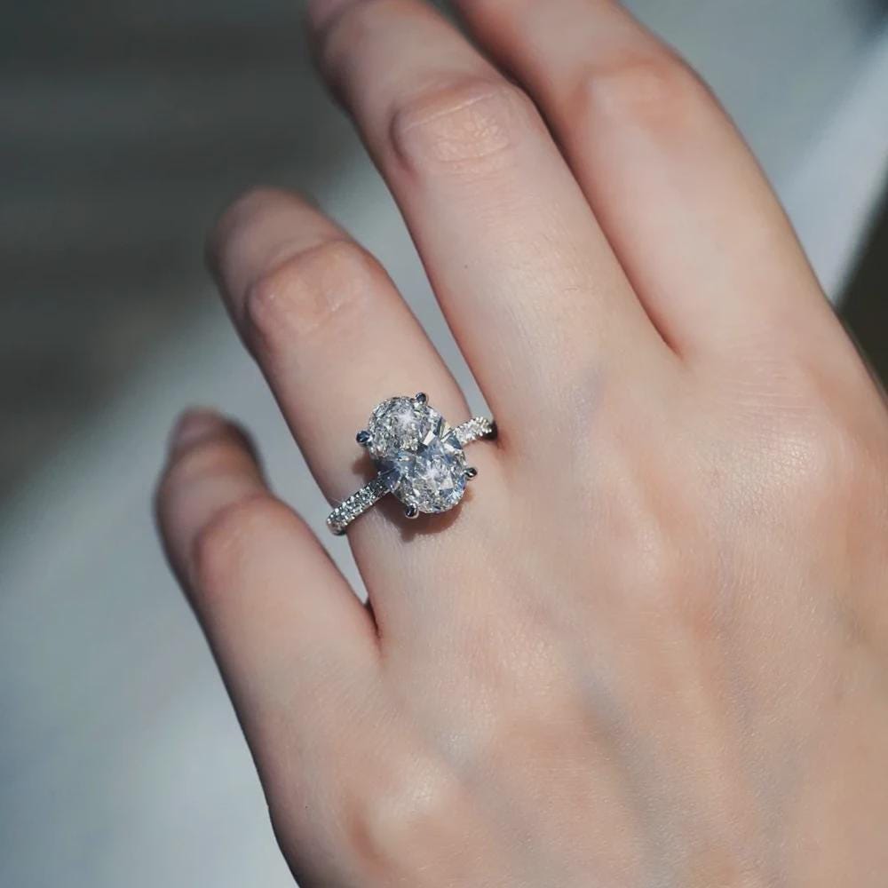 Oval Moissanite Engagement Ring With Pave Setting. Timeless Minimalist Design, Perfect Bridal Wedding, Anniversary, Or Promise Ring Gift
