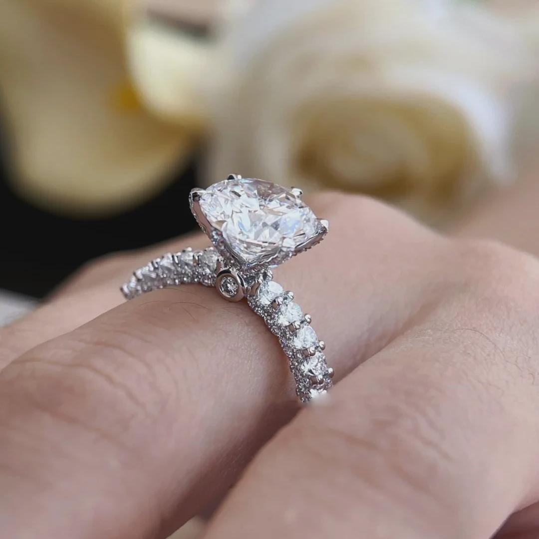 Classic Round Moissanite Solitaire Ring, Pave Engagement Band, White Gold Wedding Ring, Bridal Gift For Her, 6 Prong Ring