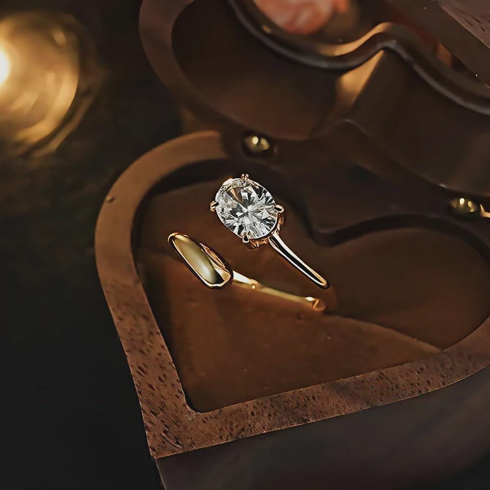 Oval Bypass Solitaire Engagement Ring, Yellow Gold Dainty Ring, Wedding Ring, Promise Ring, Anniversary Gift, Bridal Jewelry, Gift for Her