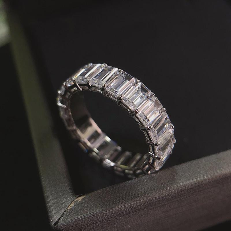 Emerald Cut Moissanite Eternity Ring, Wedding Band, Anniversary Ring, Yellow Gold Stackable Band, Diamond Simulant Ring, Gift for Her