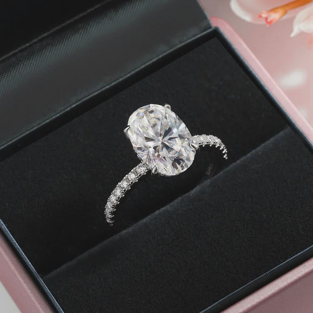 Oval Moissanite Engagement Ring With Pave Setting. Timeless Minimalist Design, Perfect Bridal Wedding, Anniversary, Or Promise Ring Gift