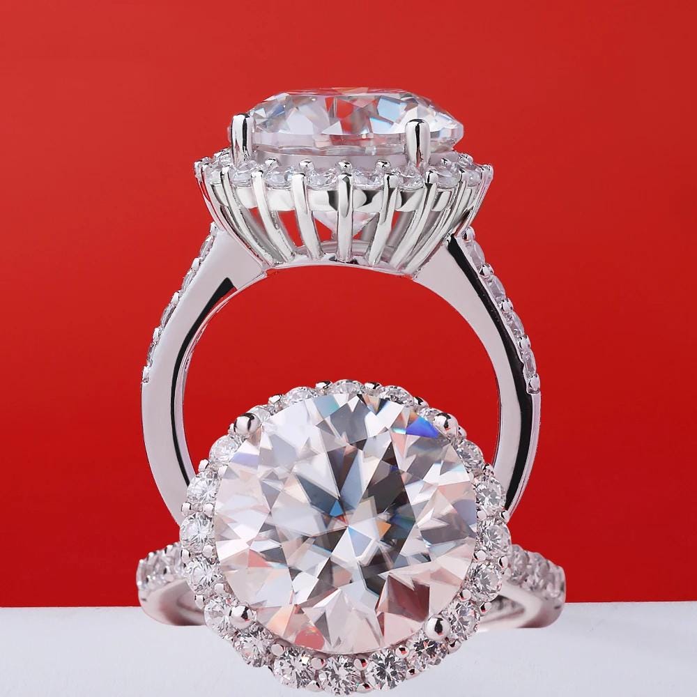 3 Carat Round Cut Moissanite Ring, Sterling Silver Halo Engagement Ring, Art Deco Wedding Ring, Statement Ring, Anniversary Gift for Her