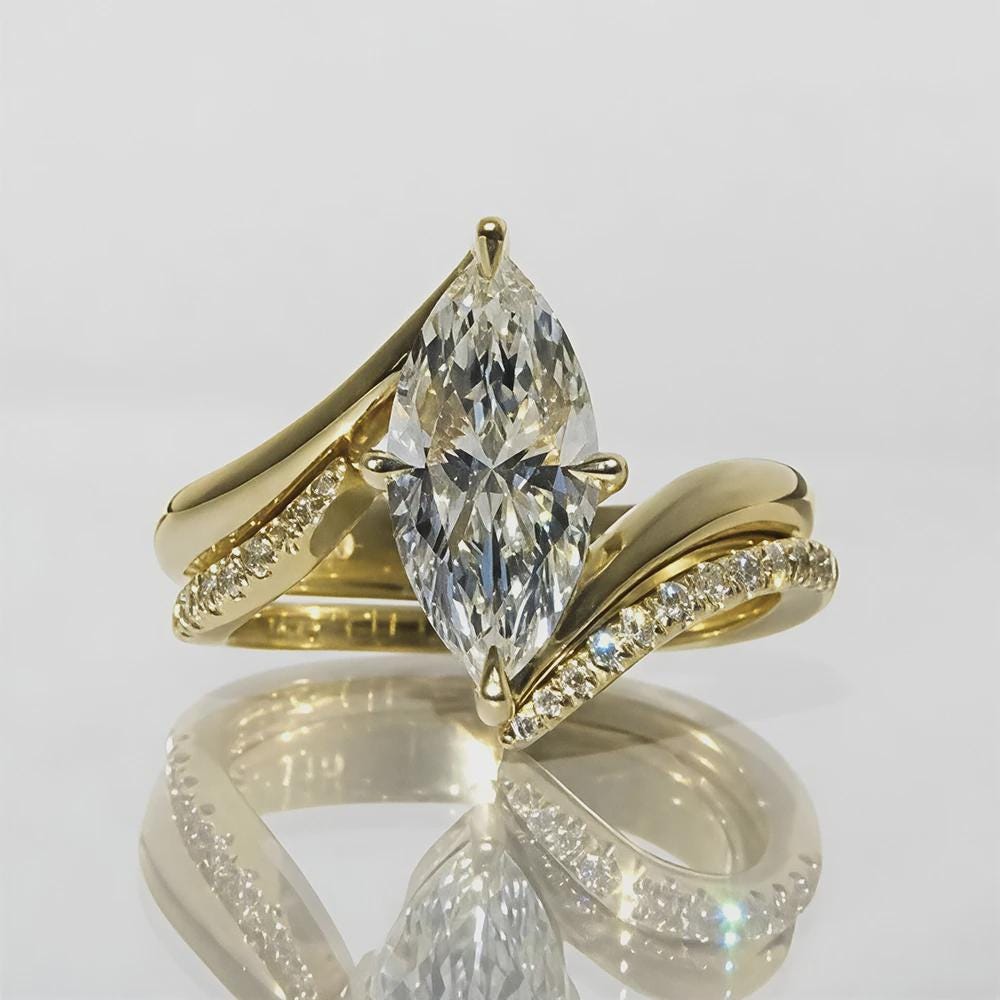 Marquise Cut Moissanite Ring Set, Marquise Wedding Ring, Gold Twisted Pave Bridal Set, Unique Engagement Ring, Anniversary Gift for Her