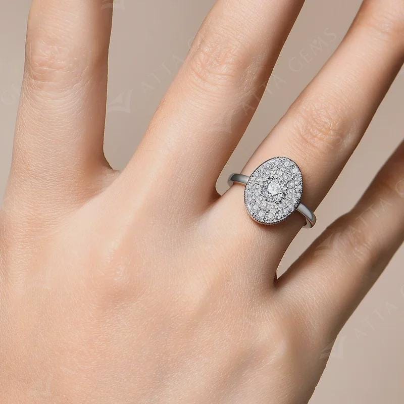 Oval Moissanite Halo Ring, Sterling Silver Engagement Ring, Anniversary Ring, Bridal Wedding Ring, Statement Ring, Promise Ring Gift For Her