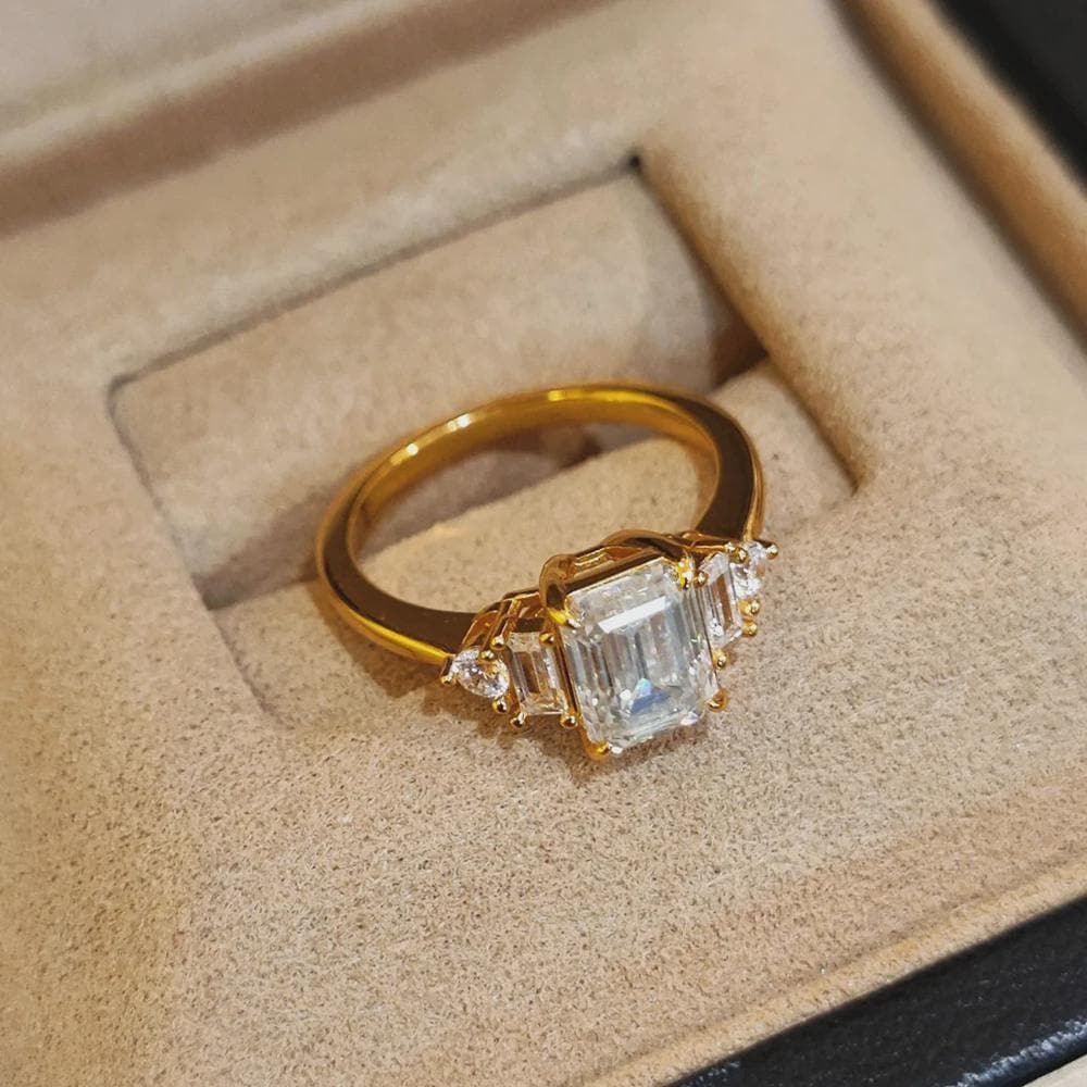 2 CT Emerald Cut Moissanite Ring, Three Stone Engagement Ring Solid Gold Wedding Ring, Art Deco Ring, Promise Ring, Anniversary Gift for Her