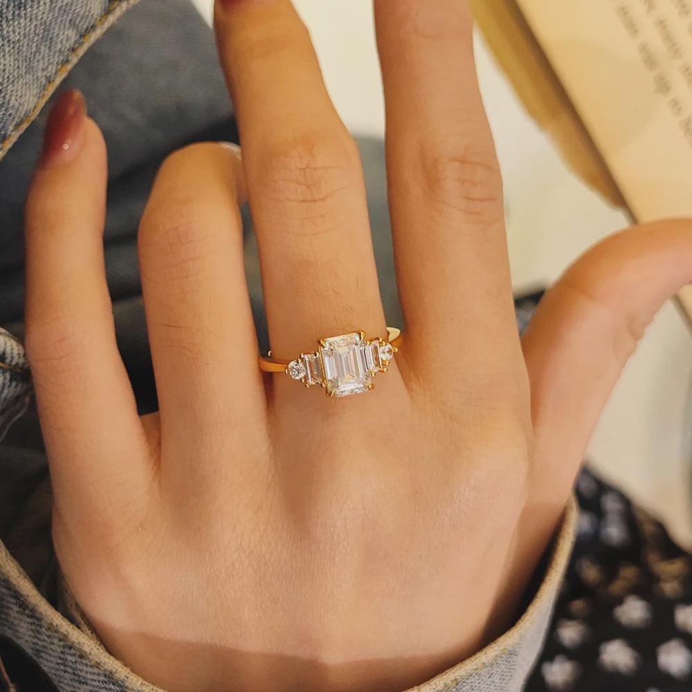 2 CT Emerald Cut Moissanite Ring, Three Stone Engagement Ring Solid Gold Wedding Ring, Art Deco Ring, Promise Ring, Anniversary Gift for Her