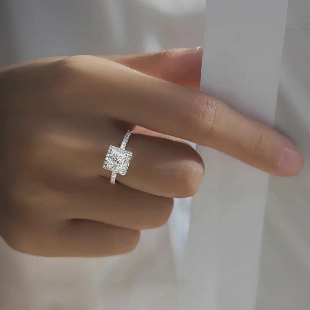 Princess Cut Halo Engagement Ring, Pave Band, Moissanite Ring, Wedding Ring, Anniversary Gift, Promise Ring, Bridal Jewelry, Gift for Her