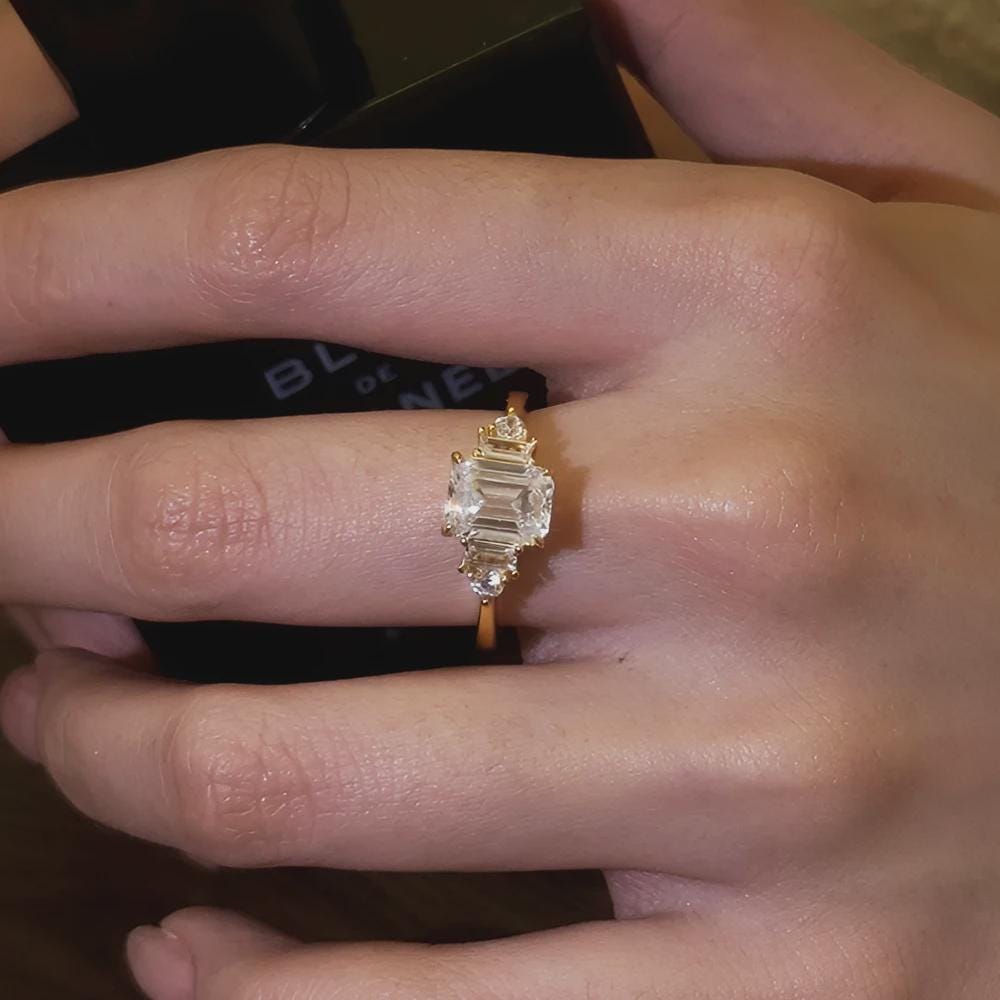 2 CT Emerald Cut Moissanite Ring, Three Stone Engagement Ring Solid Gold Wedding Ring, Art Deco Ring, Promise Ring, Anniversary Gift for Her