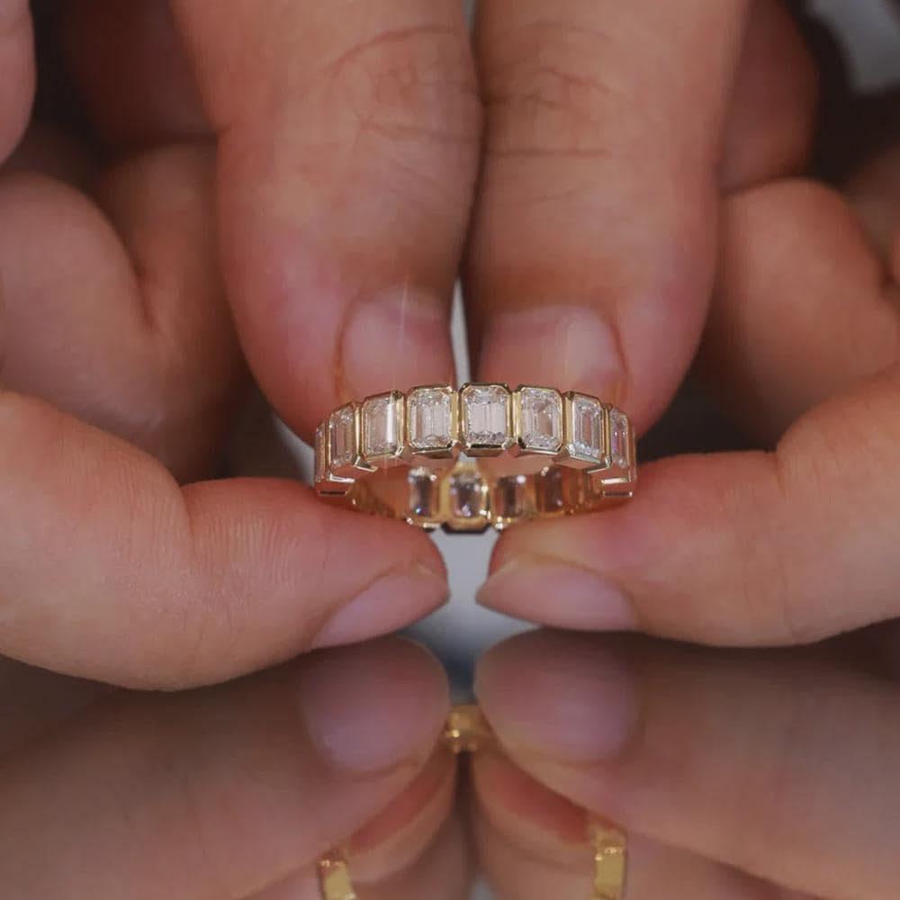 Emerald Cut Moissanite Eternity Ring, Wedding Band, Anniversary Ring, Yellow Gold Stackable Band, Diamond Simulant Ring, Gift for Her