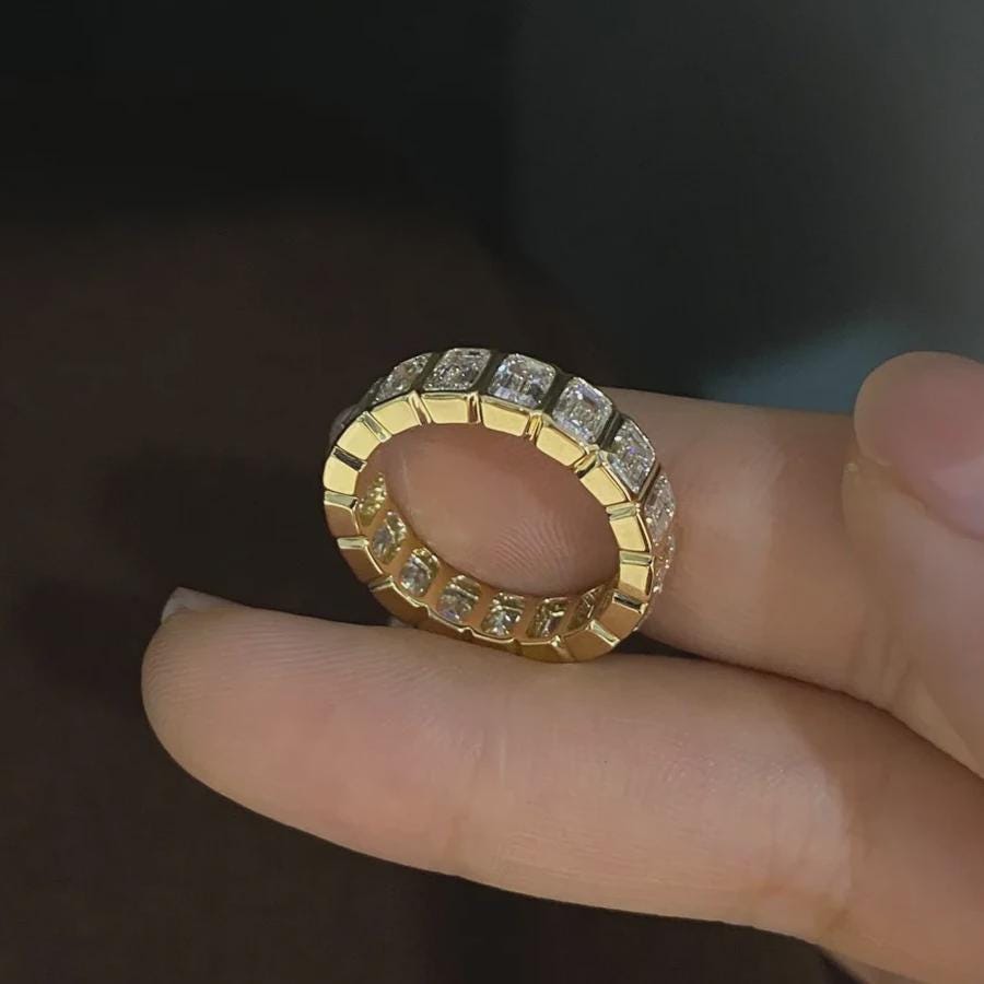 Emerald Cut Eternity Band in Gold, Moissanite Wedding Ring, Full Eternity Ring, Stacking Ring, Anniversary Gift for Her, Pave Band, Bridal