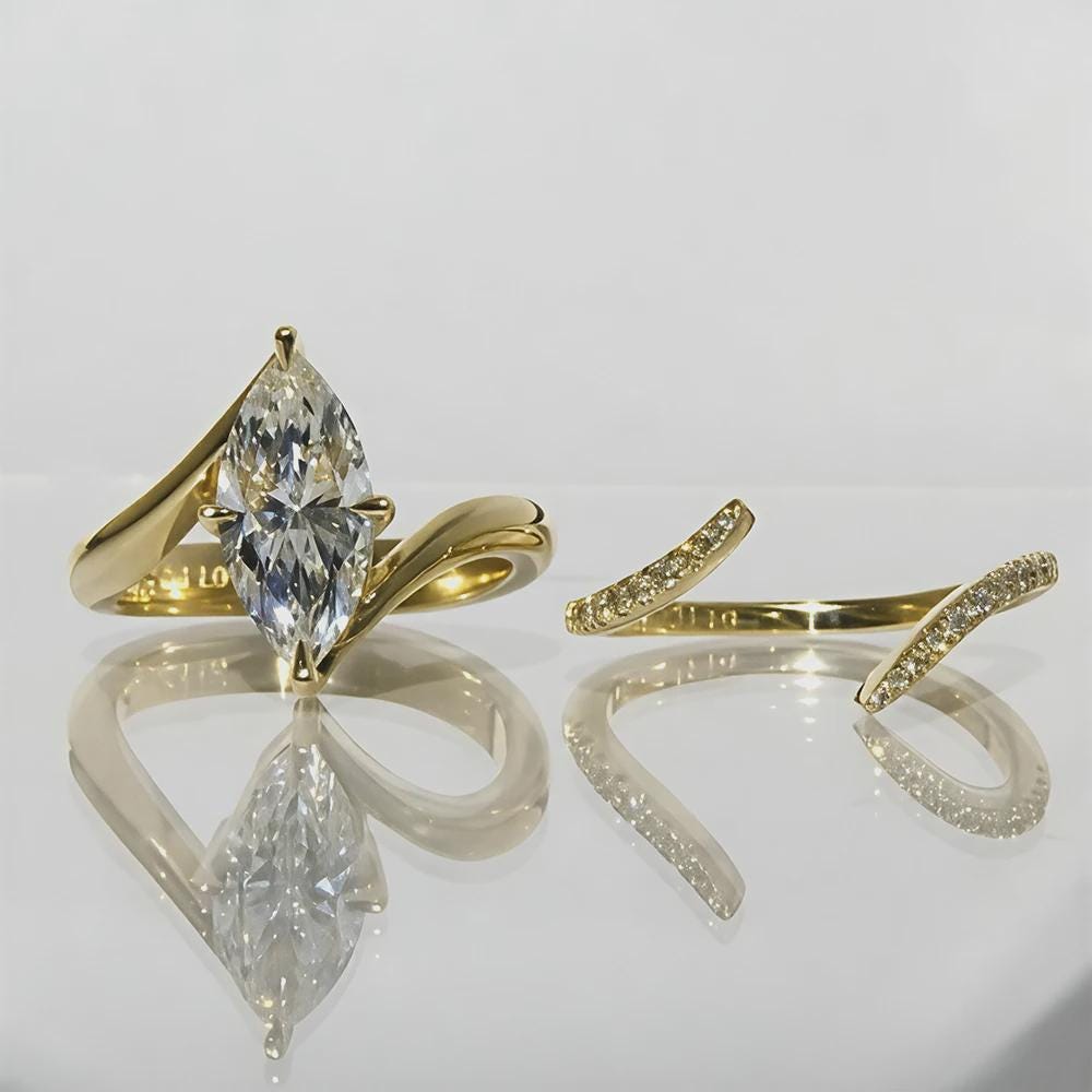 Marquise Cut Moissanite Ring Set, Marquise Wedding Ring, Gold Twisted Pave Bridal Set, Unique Engagement Ring, Anniversary Gift for Her