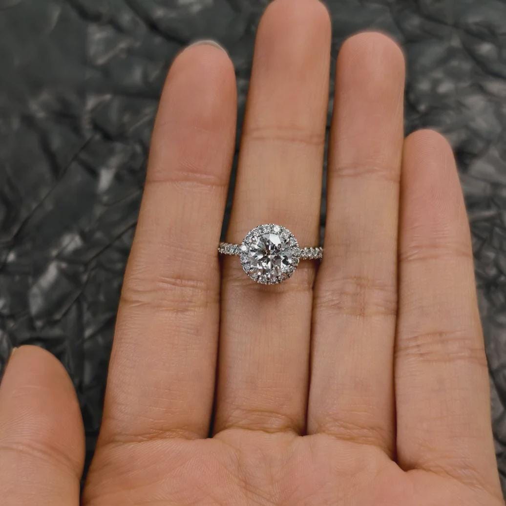 Round Cut Moissanite Halo Ring, Pave Engagement Ring, Sterling Silver Wedding Ring, Anniversary Gift, Unique Promise Ring, Gift for Her