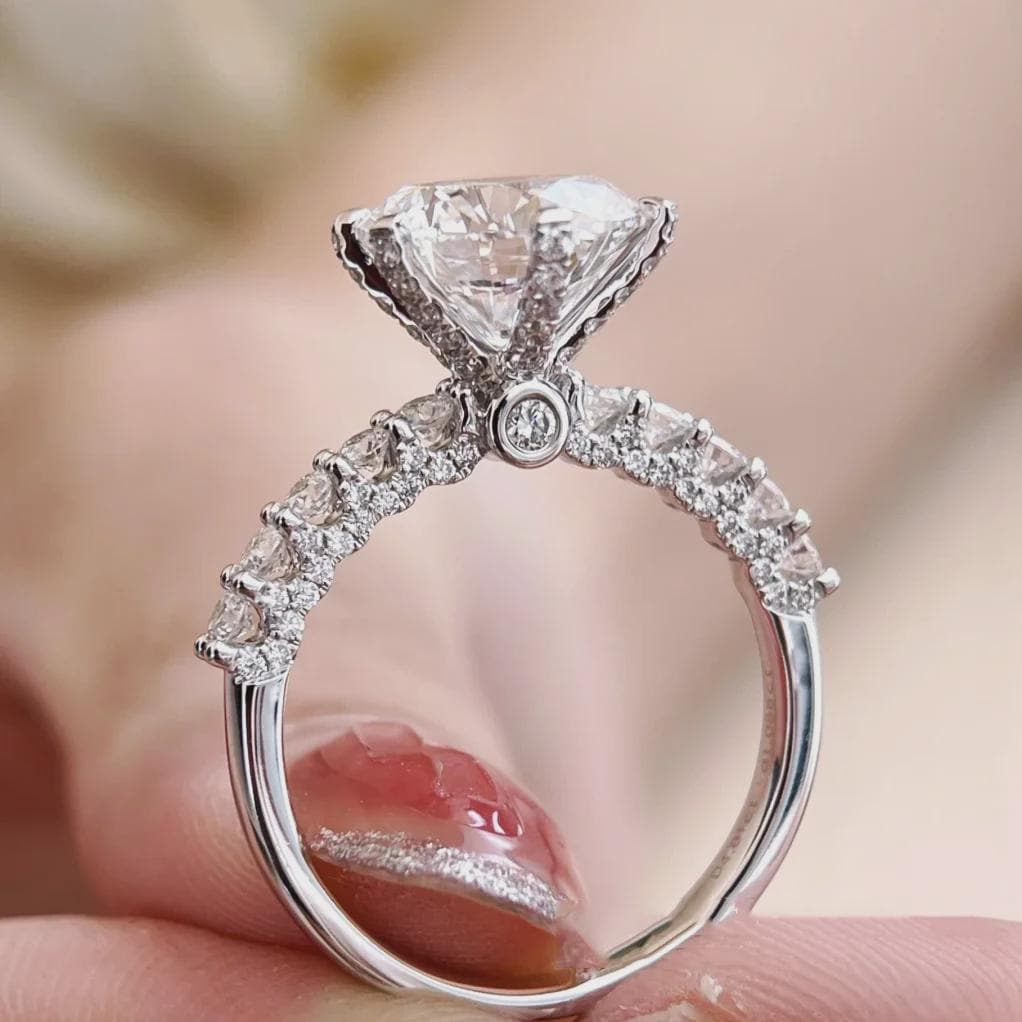 Classic Round Moissanite Solitaire Ring, Pave Engagement Band, White Gold Wedding Ring, Bridal Gift For Her, 6 Prong Ring