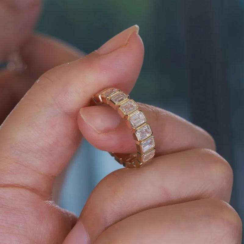 Emerald Cut Eternity Band in Gold, Moissanite Wedding Ring, Full Eternity Ring, Stacking Ring, Anniversary Gift for Her, Pave Band, Bridal
