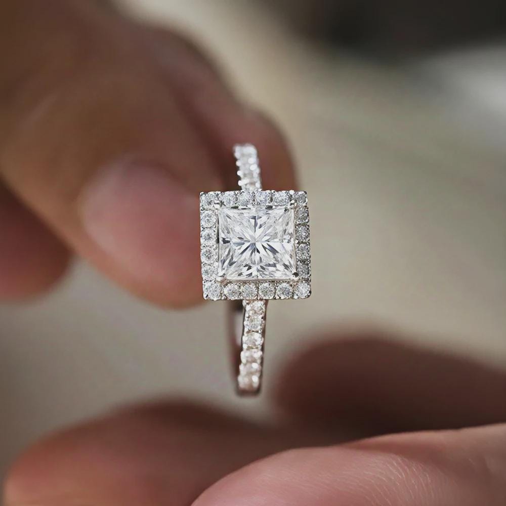 Princess Cut Halo Engagement Ring, Pave Band, Moissanite Ring, Wedding Ring, Anniversary Gift, Promise Ring, Bridal Jewelry, Gift for Her