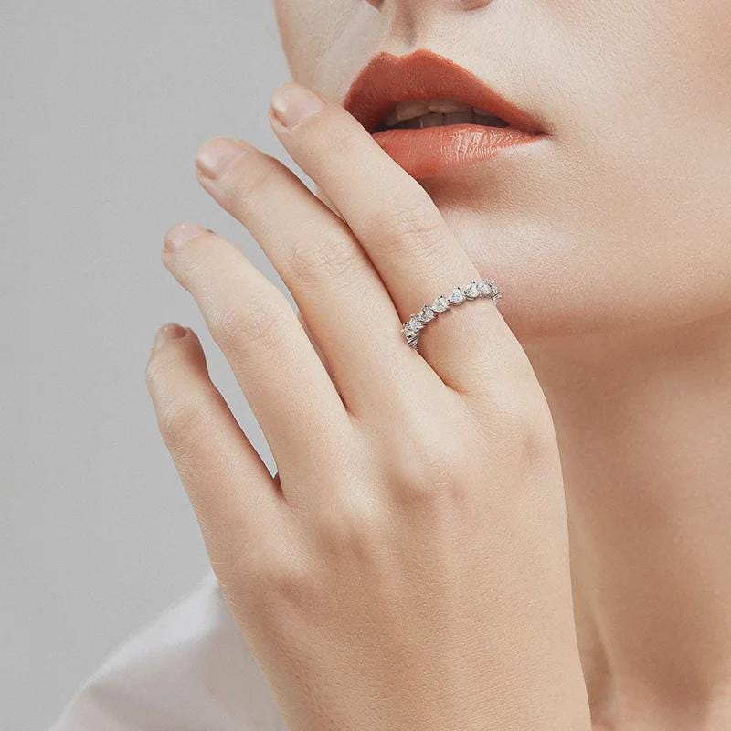 Heart Moissanite Eternity Band, Wedding Ring, Anniversary Gift, Diamond Simulant Stackable Band, Heart Cut Ring, 14K Gold Band