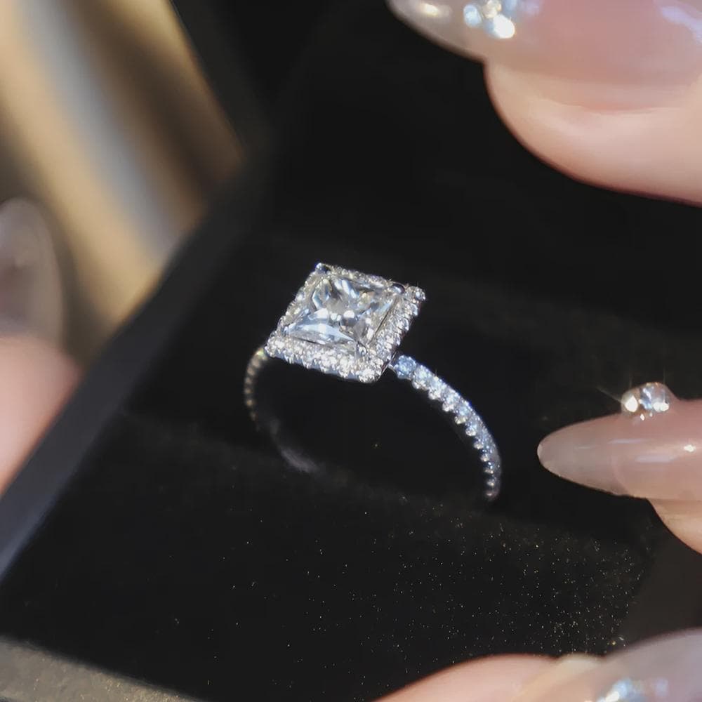 Princess Cut Halo Engagement Ring, Pave Band, Moissanite Ring, Wedding Ring, Anniversary Gift, Promise Ring, Bridal Jewelry, Gift for Her