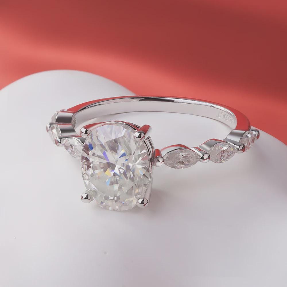 Oval Cut Moissanite Ring, Side Stone Accents Pave Engagement Ring, Sterling Silver Wedding Ring, Anniversary Gift, Promise Ring Gift for Her