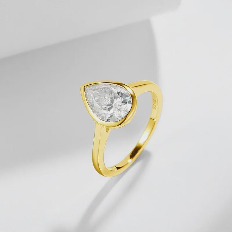 Pear Bezel Solitaire Engagement Ring, Moissanite Ring, Minimalist Wedding Ring, Anniversary Gift, Promise Ring, Bridal Jewelry, Gift for Her
