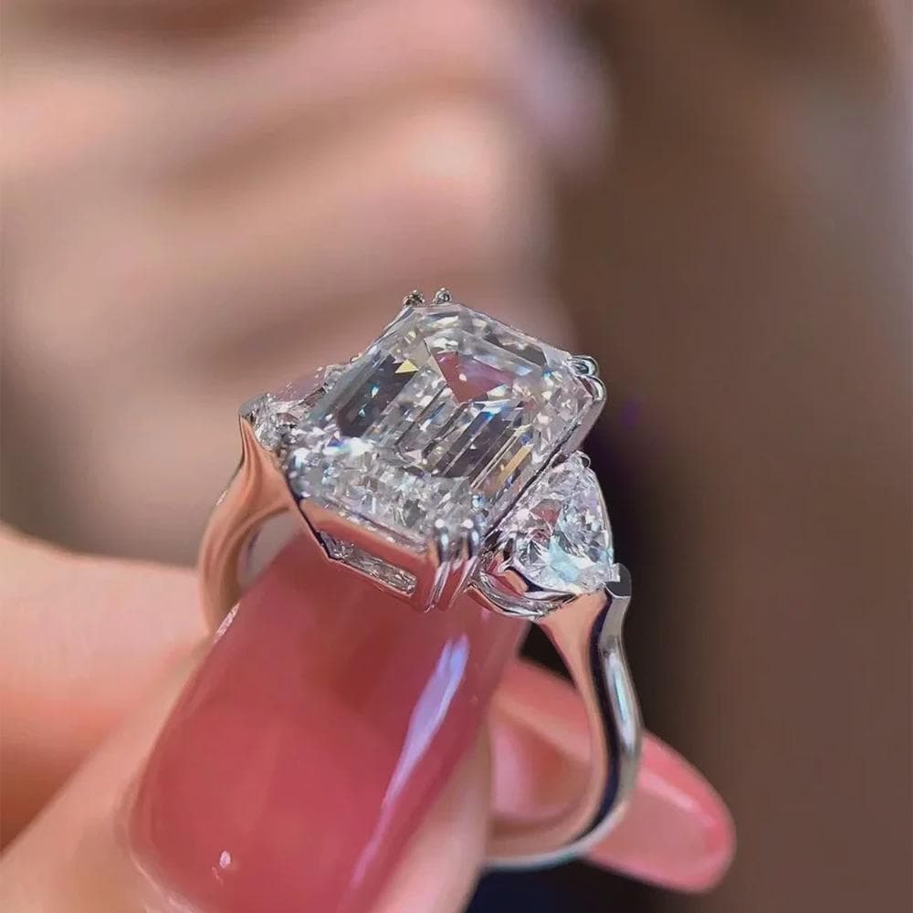 Emerald Cut Moissanite Ring with Pear Side Stone Accents Three Stone Engagement Ring Wedding Rings Promise Ring Anniversary Gift for Her