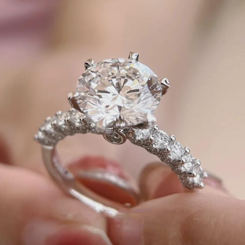 Classic Round Moissanite Solitaire Ring, Pave Engagement Band, White Gold Wedding Ring, Bridal Gift For Her, 6 Prong Ring