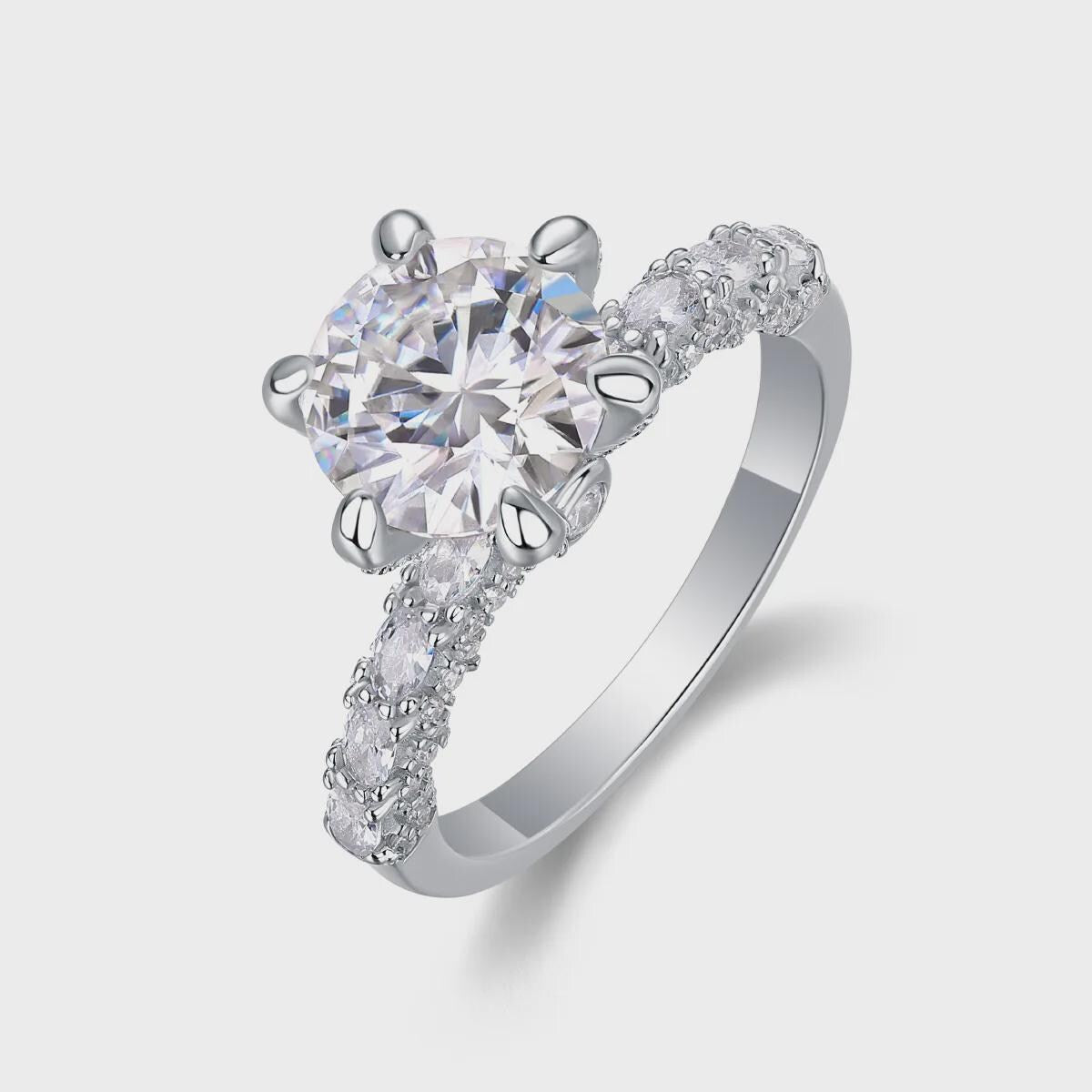 Classic Round Moissanite Solitaire Ring, Pave Engagement Band, White Gold Wedding Ring, Bridal Gift For Her, 6 Prong Ring