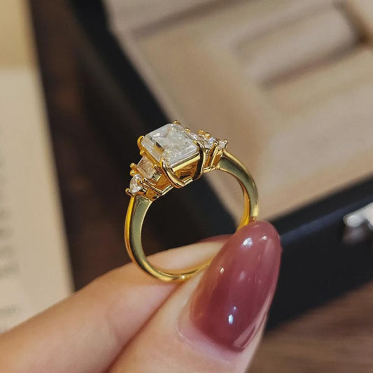 2 CT Emerald Cut Moissanite Ring, Three Stone Engagement Ring Solid Gold Wedding Ring, Art Deco Ring, Promise Ring, Anniversary Gift for Her