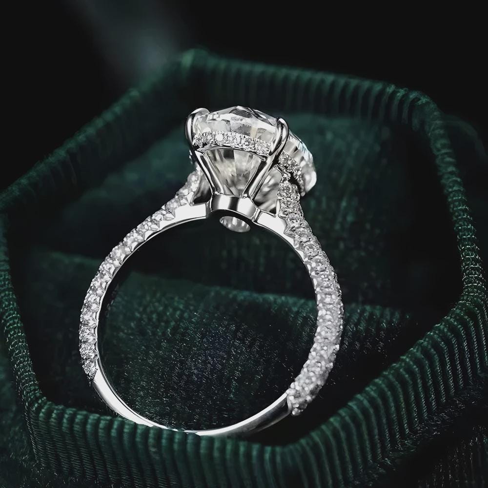 Oval Moissanite Engagement Ring, Hidden Halo Ring Pave Band, Wedding Ring, Propose Ring, Anniversary Gift, Bridal Jewelry, Gift for Her