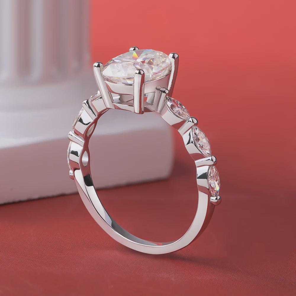 Oval Cut Moissanite Ring, Side Stone Accents Pave Engagement Ring, Sterling Silver Wedding Ring, Anniversary Gift, Promise Ring Gift for Her