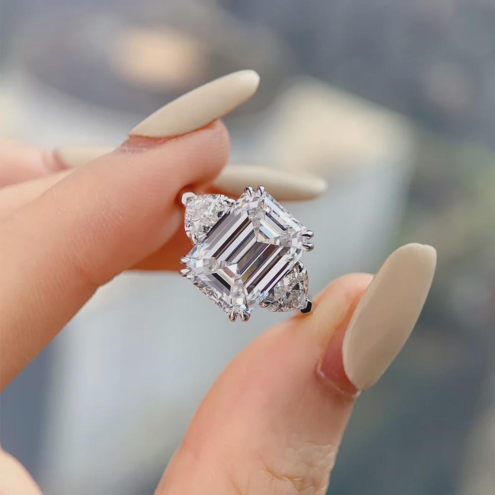 Emerald Cut Moissanite Ring with Pear Side Stone Accents Three Stone Engagement Ring Wedding Rings Promise Ring Anniversary Gift for Her