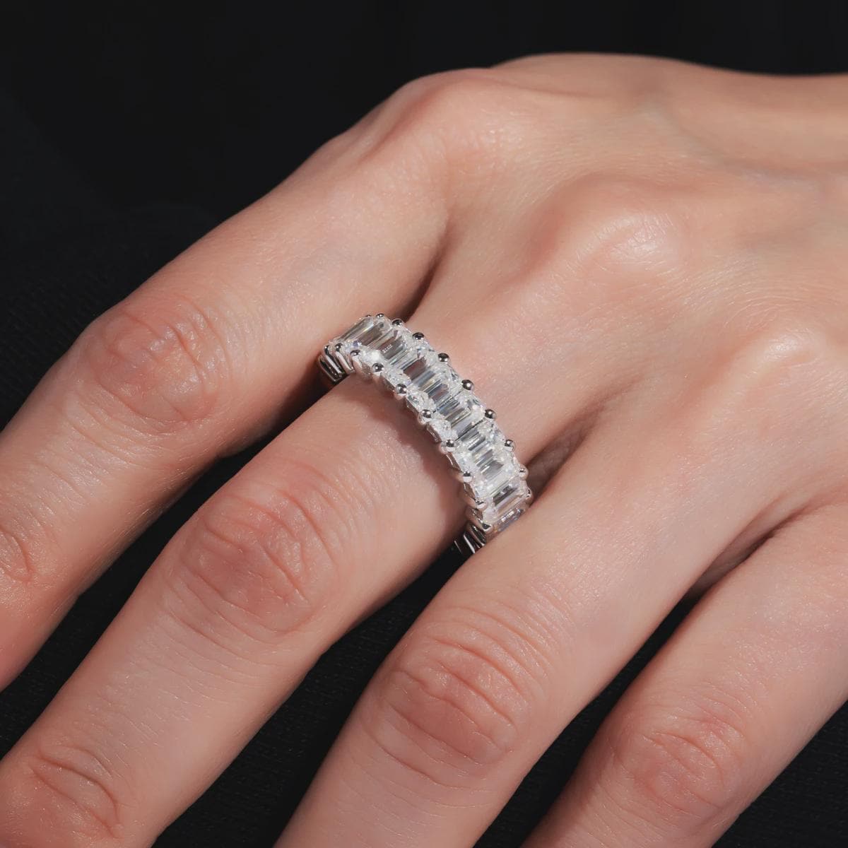 Emerald Cut Moissanite Eternity Ring, Wedding Band, Anniversary Ring, Yellow Gold Stackable Band, Diamond Simulant Ring, Gift for Her