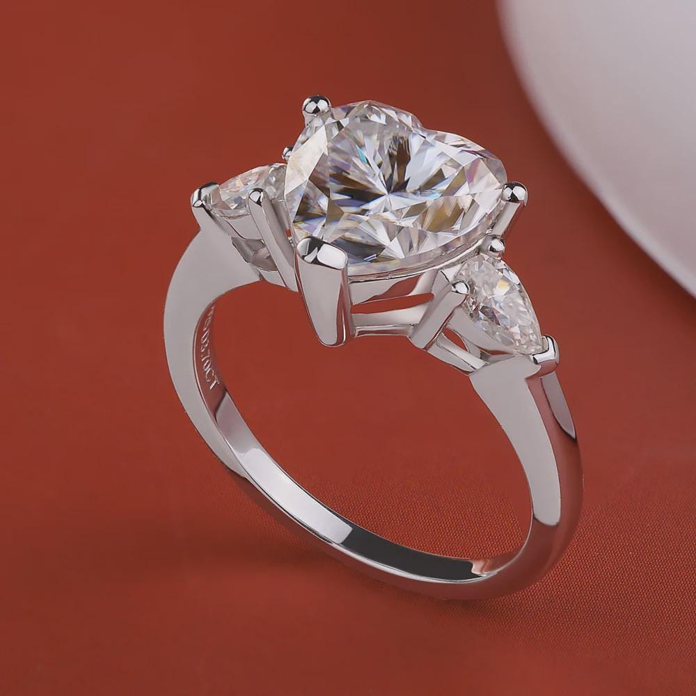 Heart Cut Three Stone Engagement Ring Pear Cut Side Stones Accents Ring Promise Ring, Wedding Ring Gift for Her Anniversary Ring Love Ring