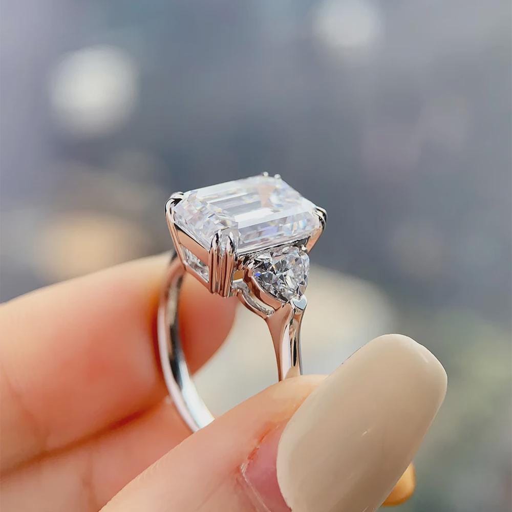Emerald Cut Moissanite Ring with Pear Side Stone Accents Three Stone Engagement Ring Wedding Rings Promise Ring Anniversary Gift for Her