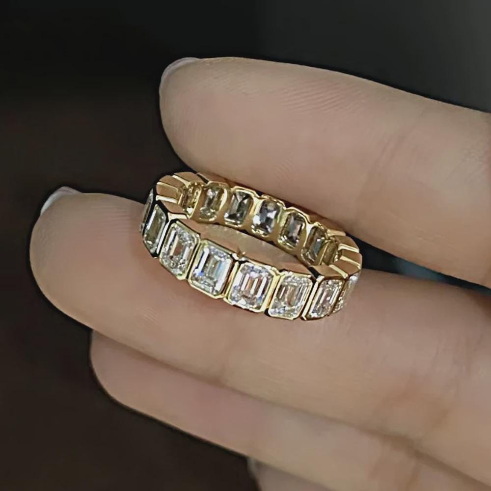 Emerald Cut Eternity Band in Gold, Moissanite Wedding Ring, Full Eternity Ring, Stacking Ring, Anniversary Gift for Her, Pave Band, Bridal