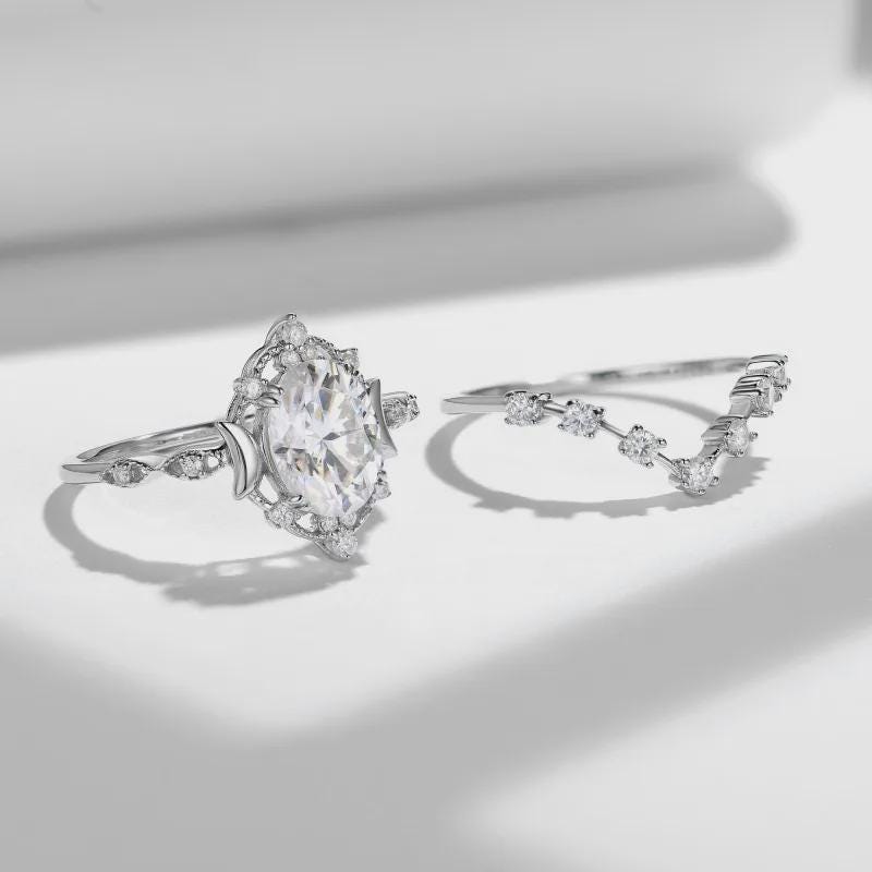 Oval Halo Wedding Ring Set, Crescent Moon Ring, Celestial Unique Ring, Engagement Ring, Anniversary Gift, Promise Ring, Bridal Jewelry