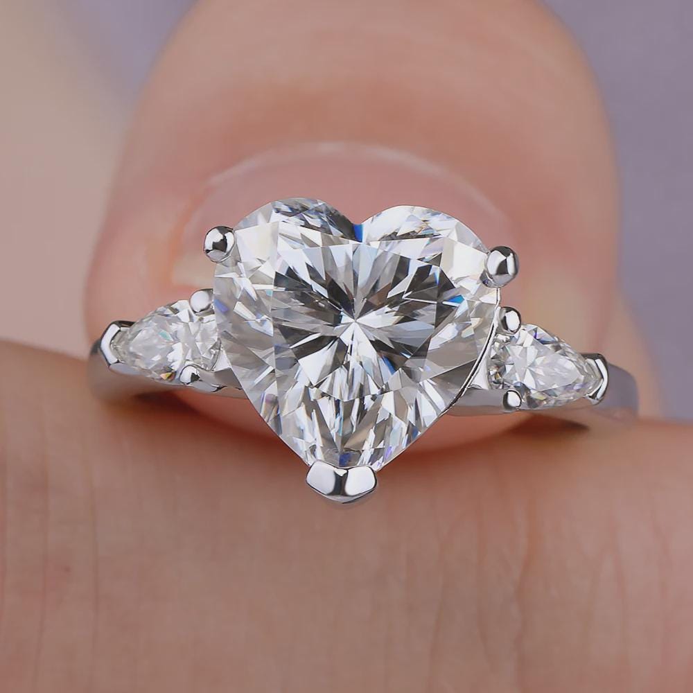 Heart Cut Three Stone Engagement Ring Pear Cut Side Stones Accents Ring Promise Ring, Wedding Ring Gift for Her Anniversary Ring Love Ring