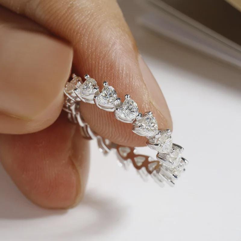 Heart Moissanite Eternity Band, Wedding Ring, Anniversary Gift, Diamond Simulant Stackable Band, Heart Cut Ring, 14K Gold Band