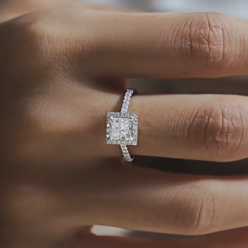 Princess Cut Halo Engagement Ring, Pave Band, Moissanite Ring, Wedding Ring, Anniversary Gift, Promise Ring, Bridal Jewelry, Gift for Her