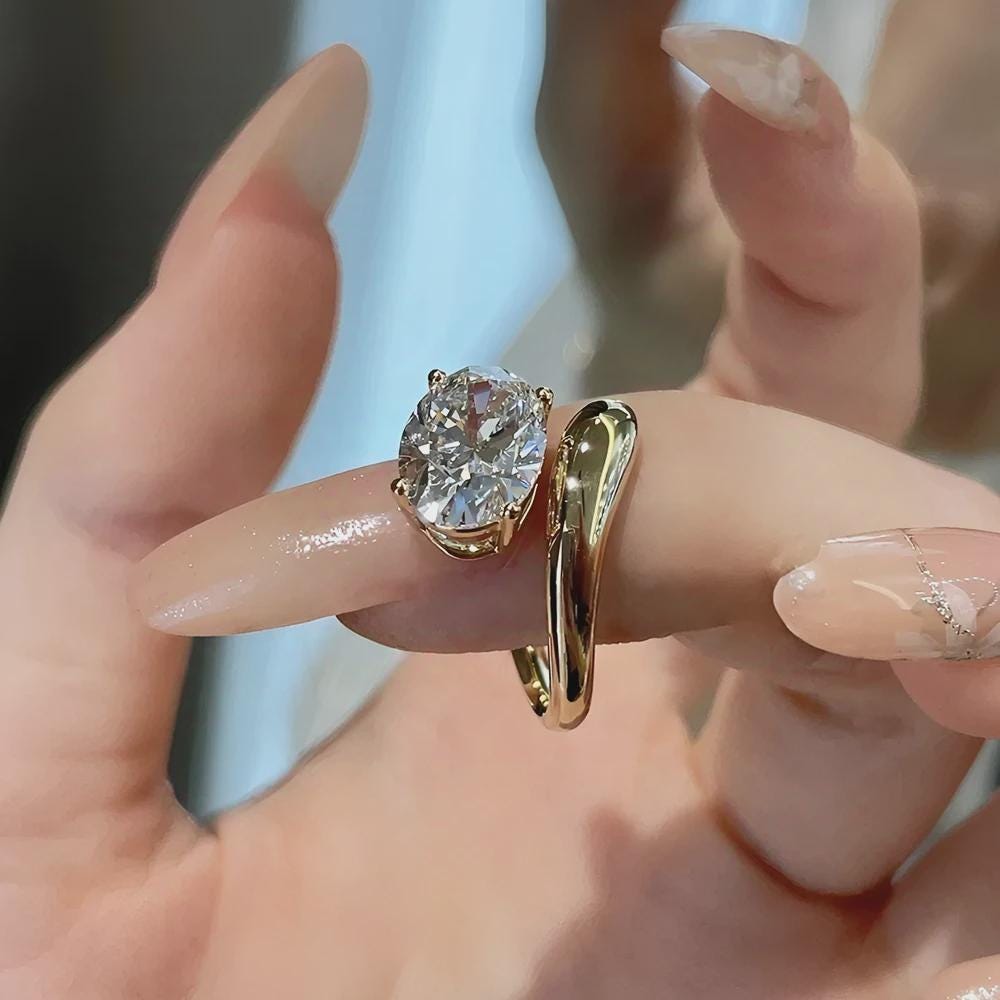 Oval Bypass Solitaire Engagement Ring, Yellow Gold Dainty Ring, Wedding Ring, Promise Ring, Anniversary Gift, Bridal Jewelry, Gift for Her