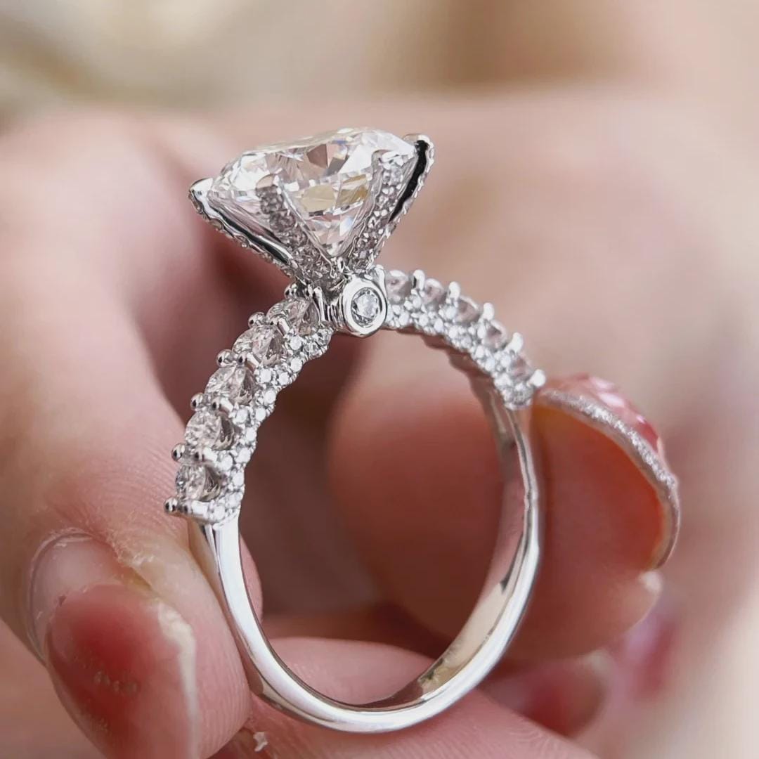 Classic Round Moissanite Solitaire Ring, Pave Engagement Band, White Gold Wedding Ring, Bridal Gift For Her, 6 Prong Ring