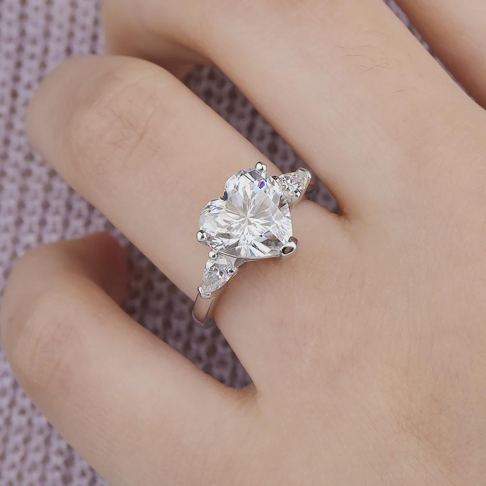 Heart Cut Three Stone Engagement Ring Pear Cut Side Stones Accents Ring Promise Ring, Wedding Ring Gift for Her Anniversary Ring Love Ring