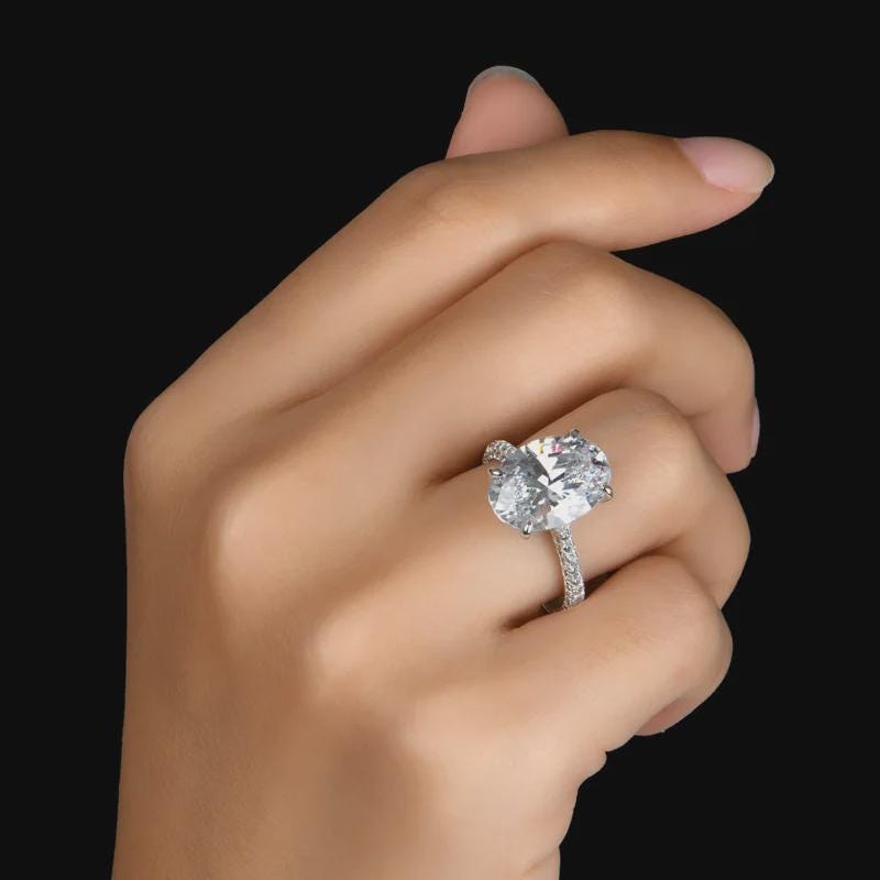 Oval Moissanite Engagement Ring, Hidden Halo Ring Pave Band, Wedding Ring, Propose Ring, Anniversary Gift, Bridal Jewelry, Gift for Her