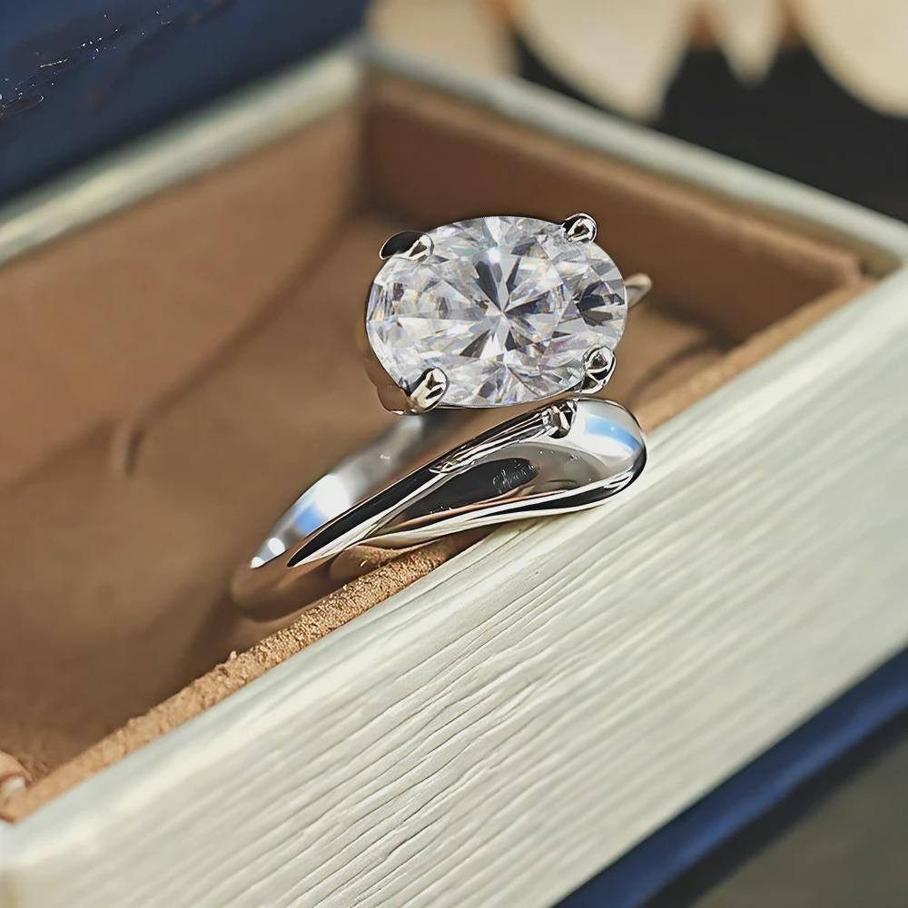 Oval Bypass Solitaire Engagement Ring, Yellow Gold Dainty Ring, Wedding Ring, Promise Ring, Anniversary Gift, Bridal Jewelry, Gift for Her