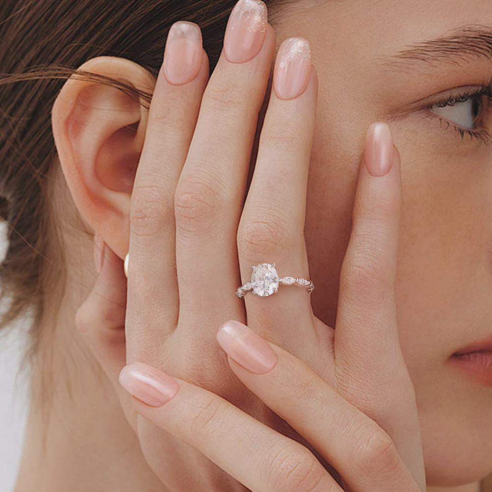 Oval Cut Moissanite Ring, Side Stone Accents Pave Engagement Ring, Sterling Silver Wedding Ring, Anniversary Gift, Promise Ring Gift for Her