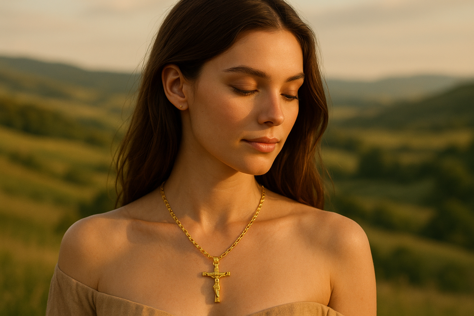 gold necklace with christ wear by beatiful women landscape