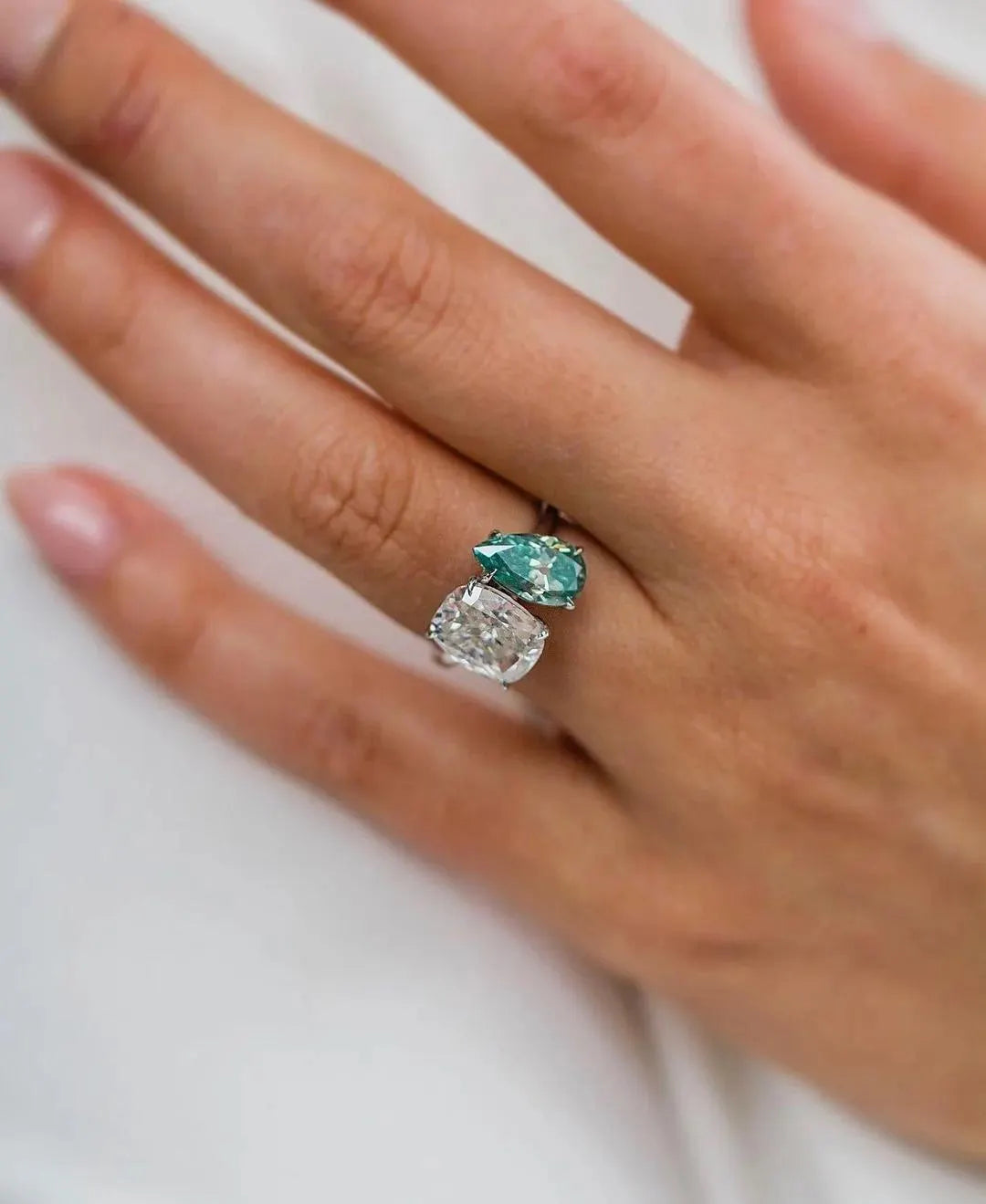 Two Stone Toi et Moi Engagement Ring, Cushion and Pear Moissanite Ring, Paraiba Tourmaline Bridal Jewelry, Anniversary Gift for Her.